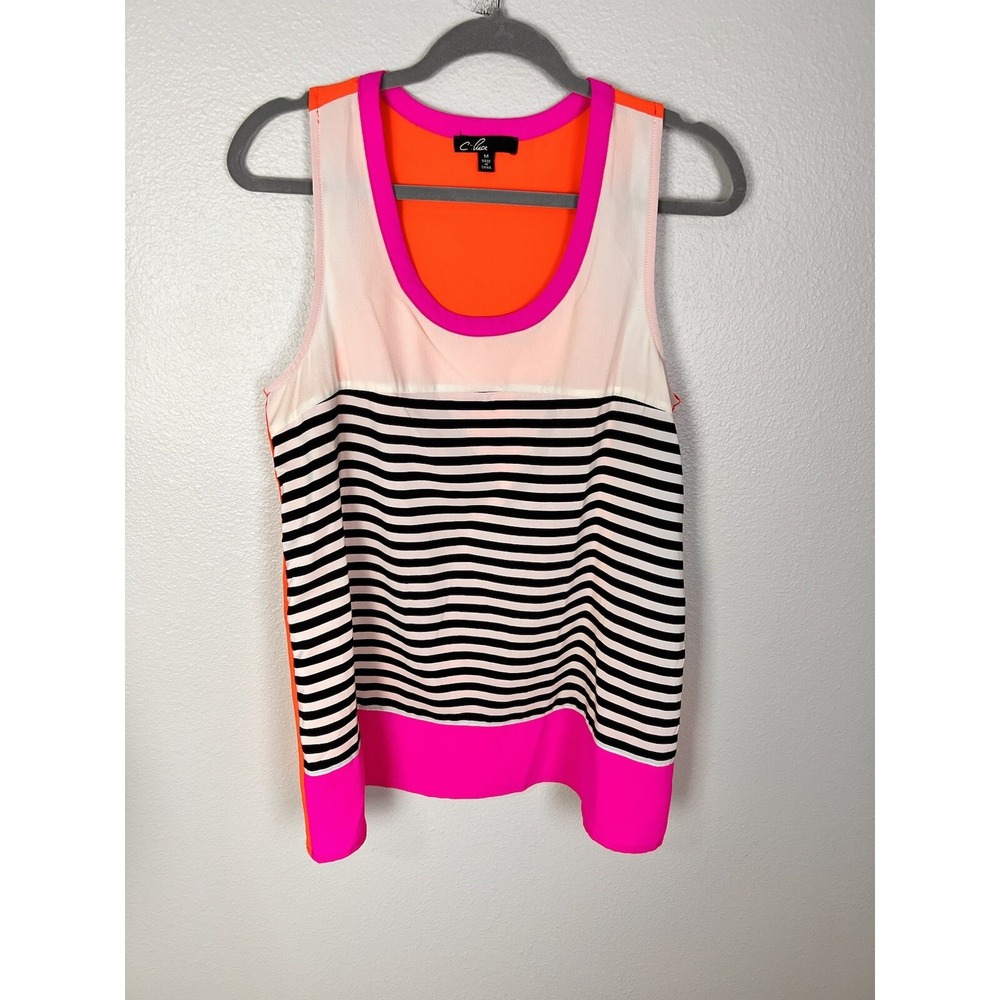 C Luce Medium‎ Sleeveless Womens Blouse Striped Hot Pink Orange